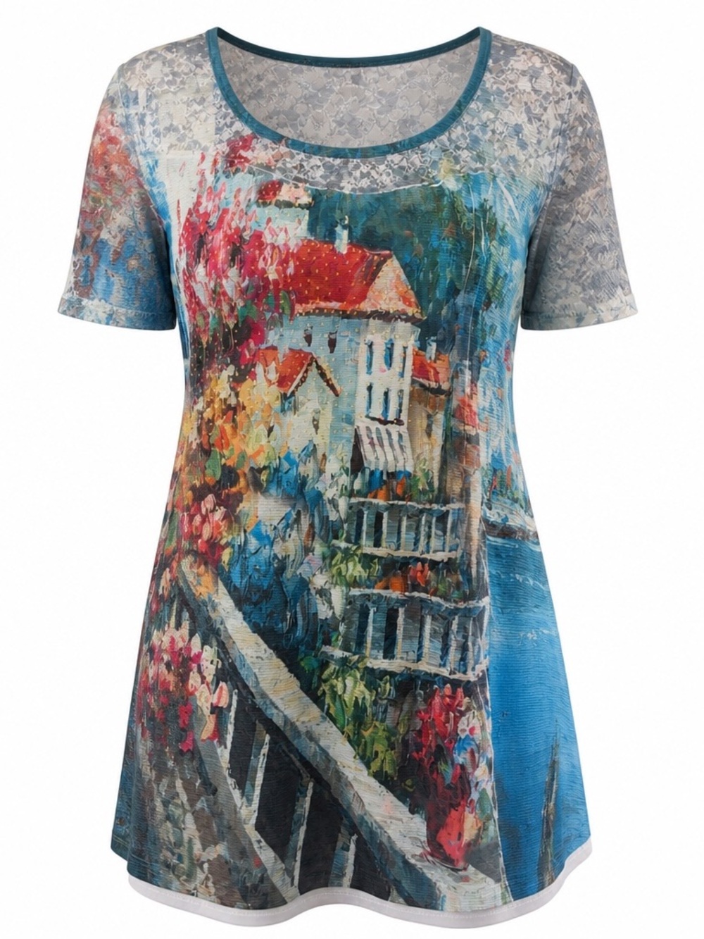 Women's Blue Scenic Print Short-Sleeve Tee